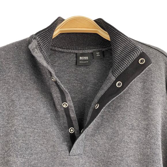 Hugo Boss Mock Neck Sweater Men L Gray Snap Collar Cotton Preppy Striped Sleeve - Picture 4 of 9